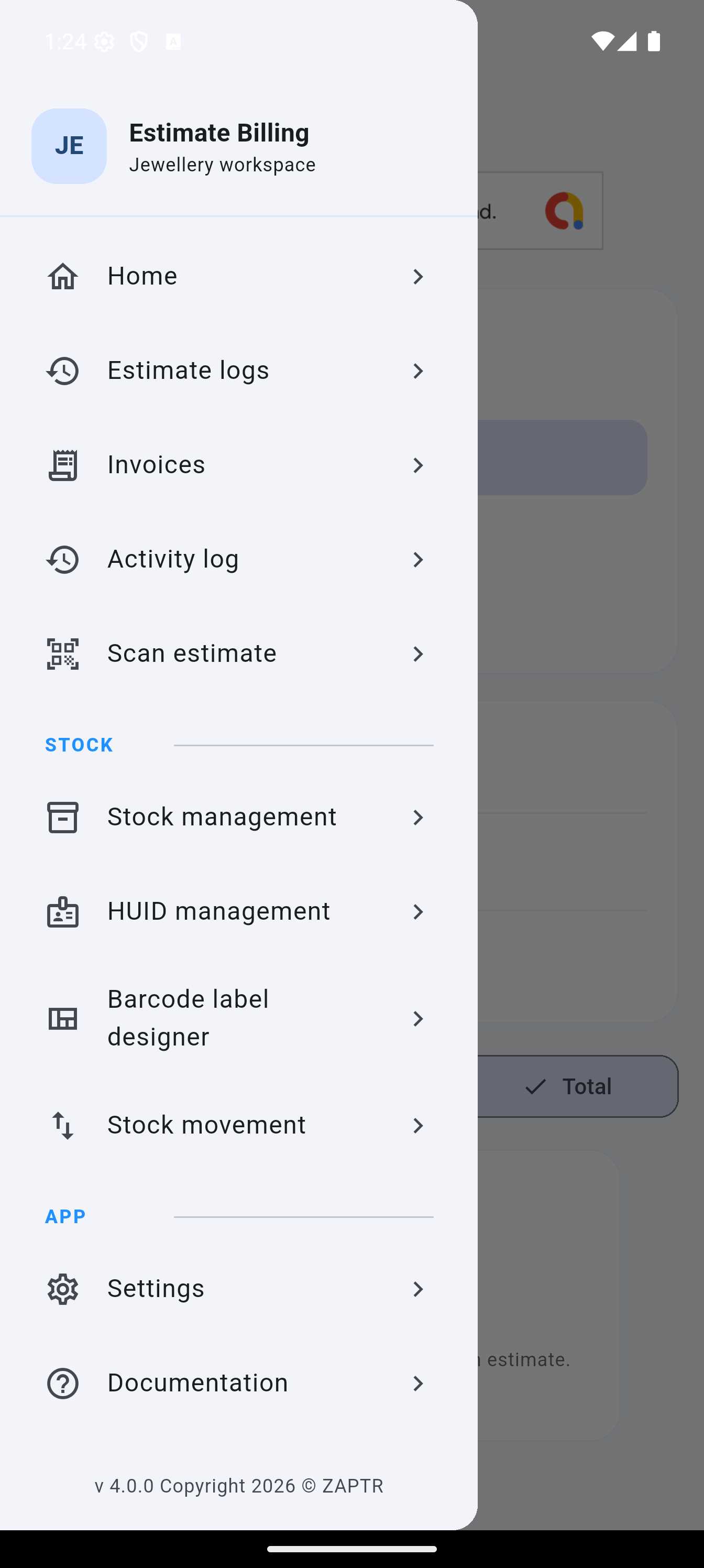App navigation drawer with a separate Stock section containing Stock management, HUID management, Barcode label designer and Stock movement