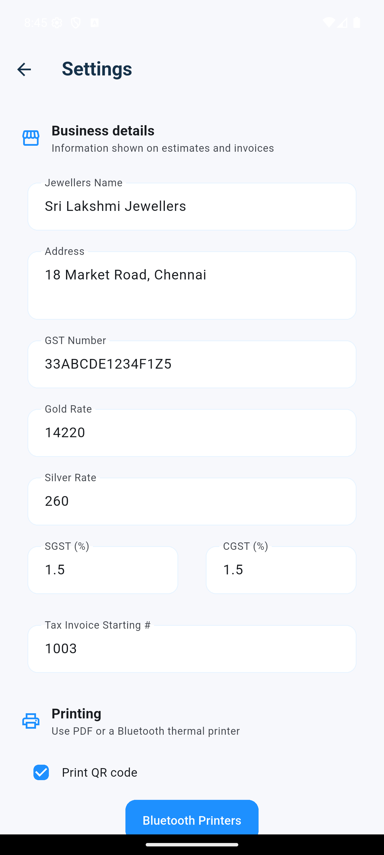 Settings showing business details, gold and silver rates, SGST, CGST and printing controls