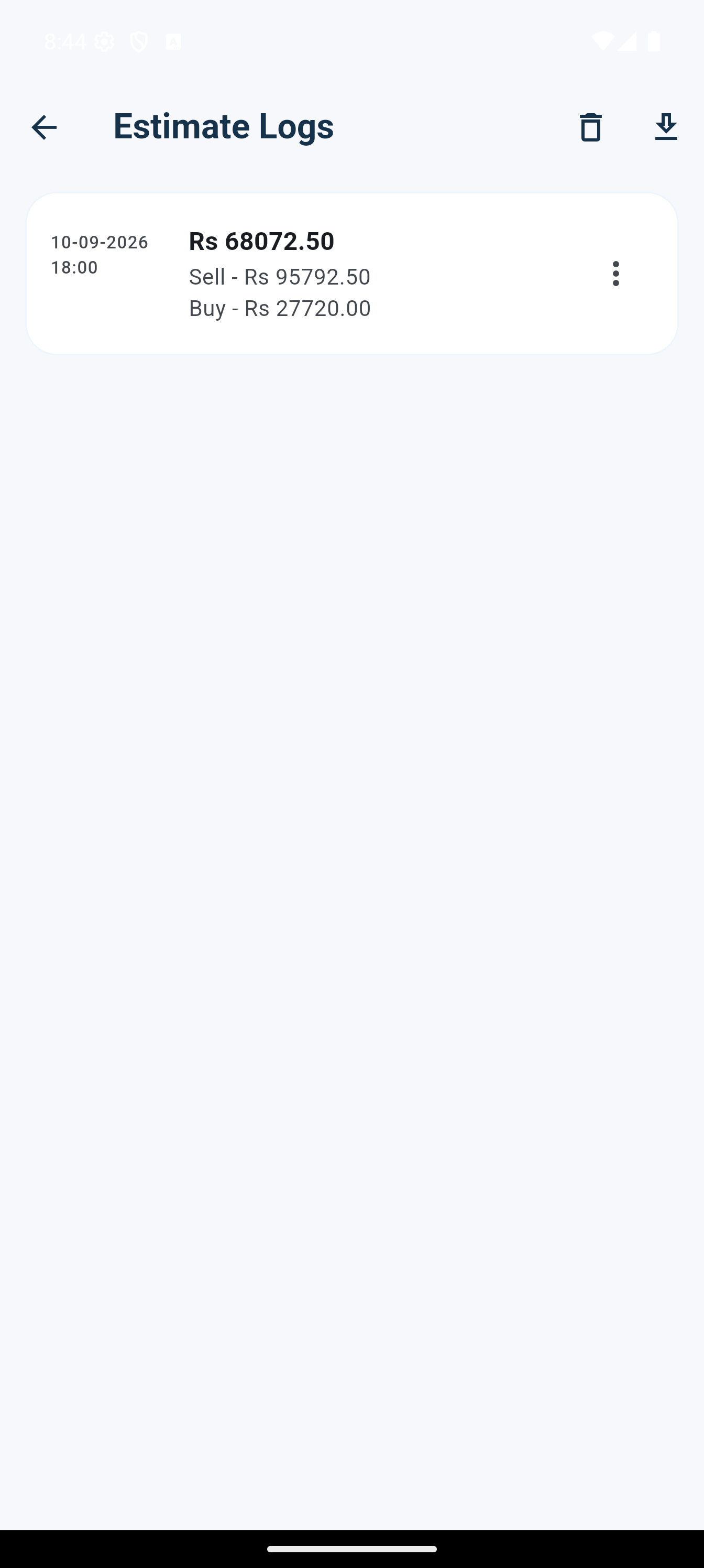 Estimate Logs screen showing a saved estimate and its value