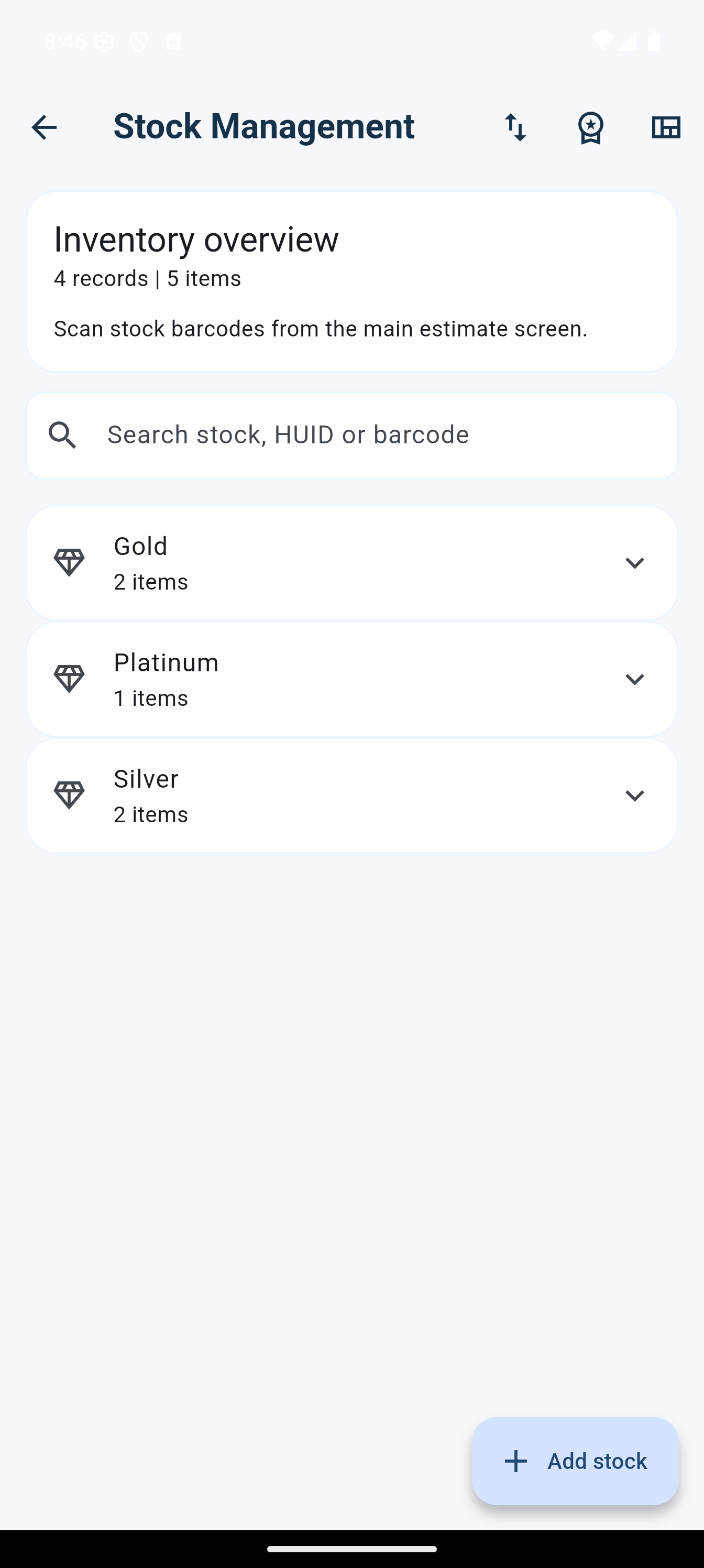 Stock Management screen with sample gold, silver and platinum items