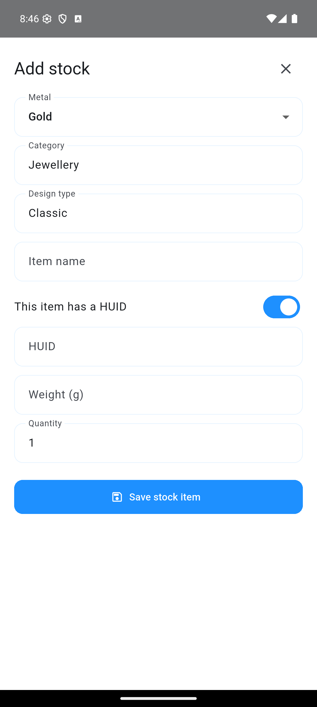 Add stock form with metal, category, design type, item, HUID, weight and quantity