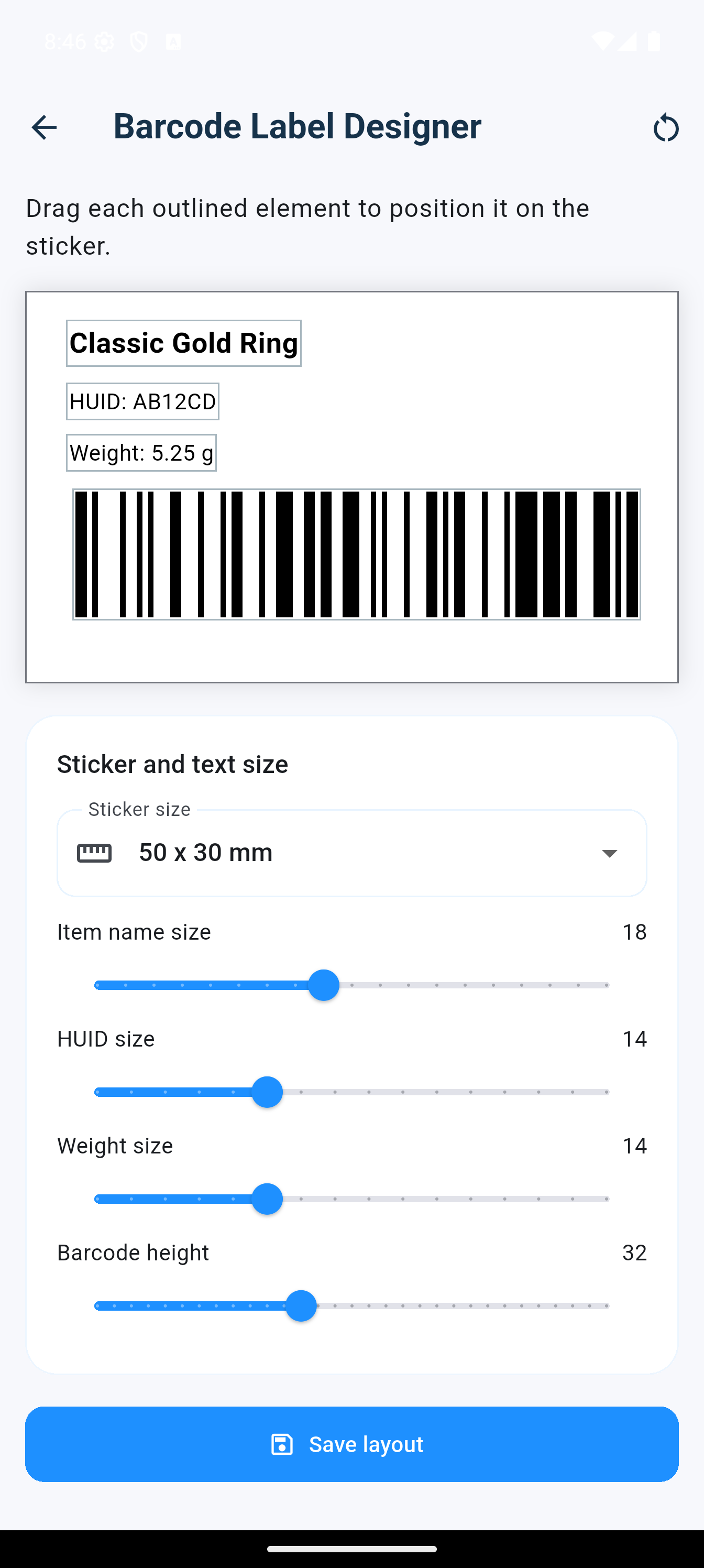 Barcode label designer with draggable label elements and size controls