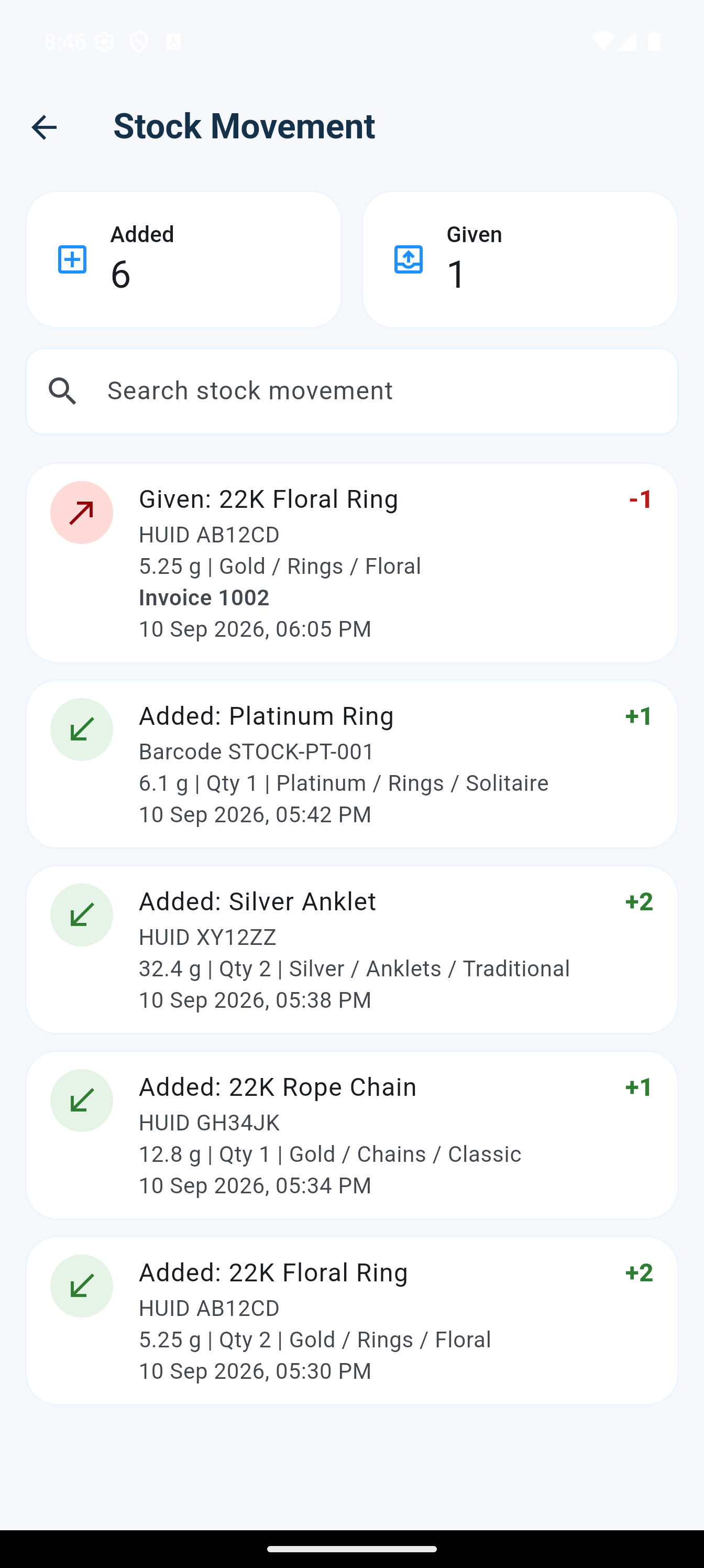 Stock Movement screen showing exact HUID additions and a sale against an invoice