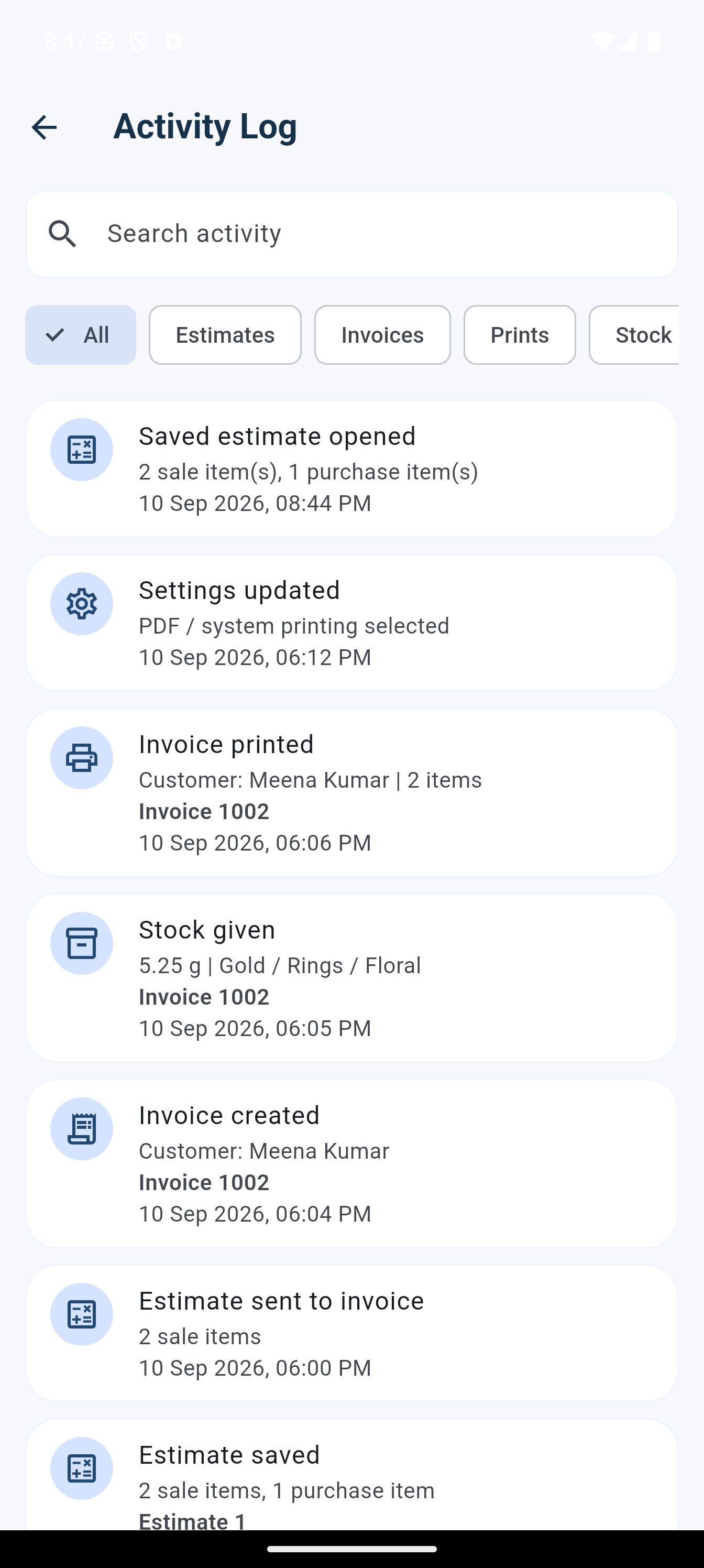 Activity Log showing estimate, invoice, print and stock events