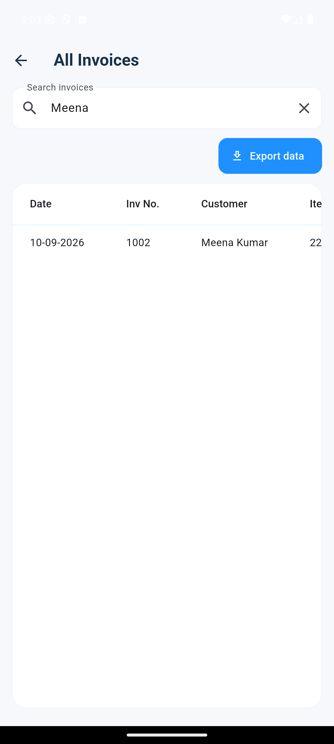 All Invoices report filtered by customer name Meena
