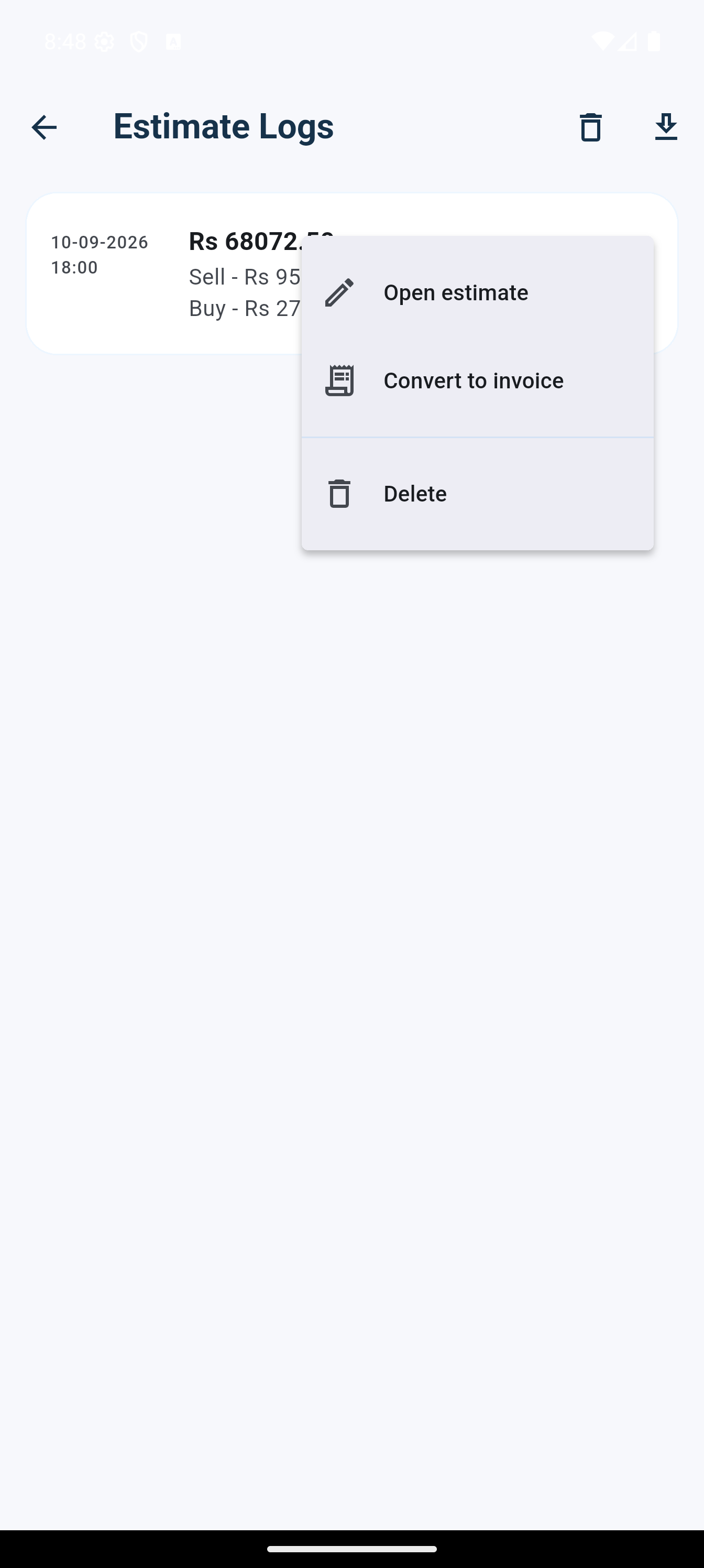 Estimate log action menu with Open estimate, Convert to invoice and Delete
