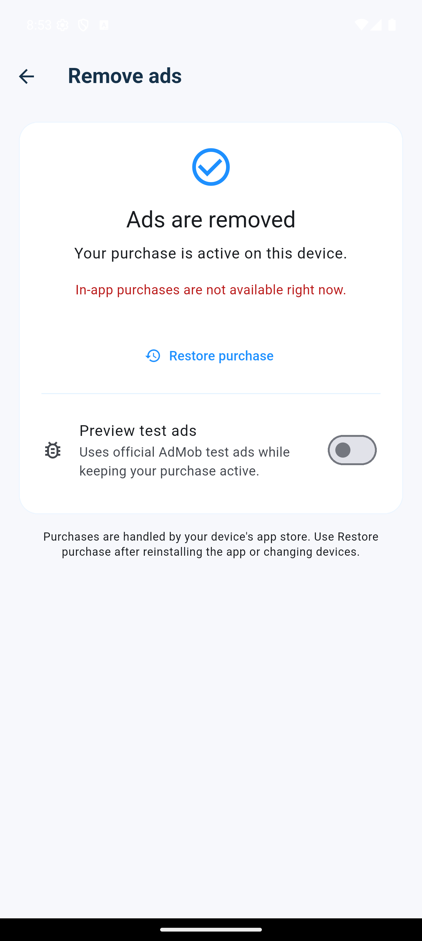 Remove ads page showing active purchase, restore and preview test ads options