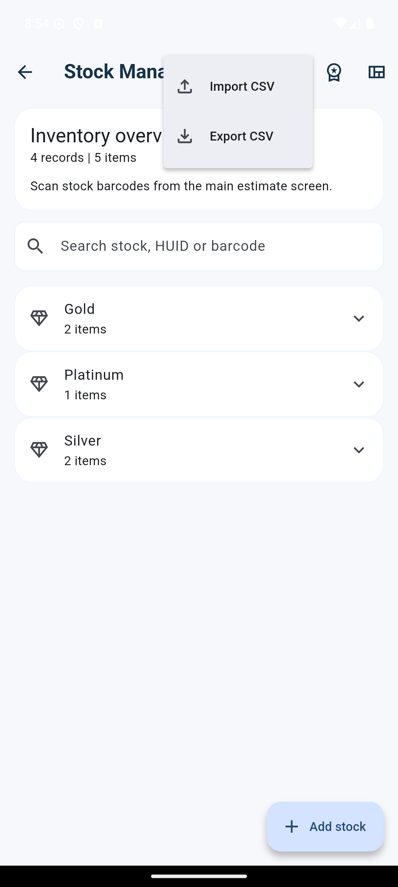 Stock Management import and export CSV menu