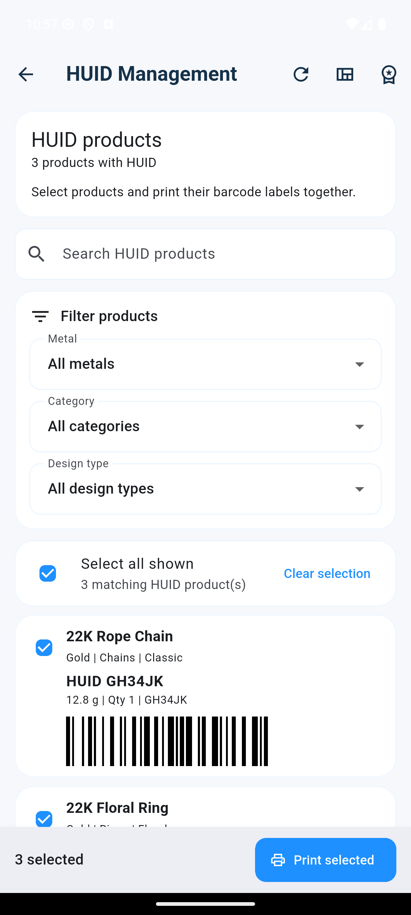 HUID Management screen with search, metal category and design filters, Select all shown, selected products and Print selected